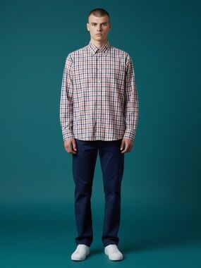 UNTUCKit  slim fit Men's Orange and Blue Plaid Button-Down Shirt